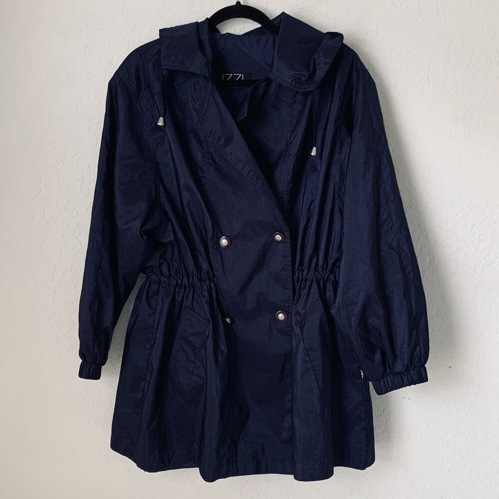 Vintage Izzi Activewear Jacket Women M Navy Blue Windbreaker Hood Cinch Waist 90